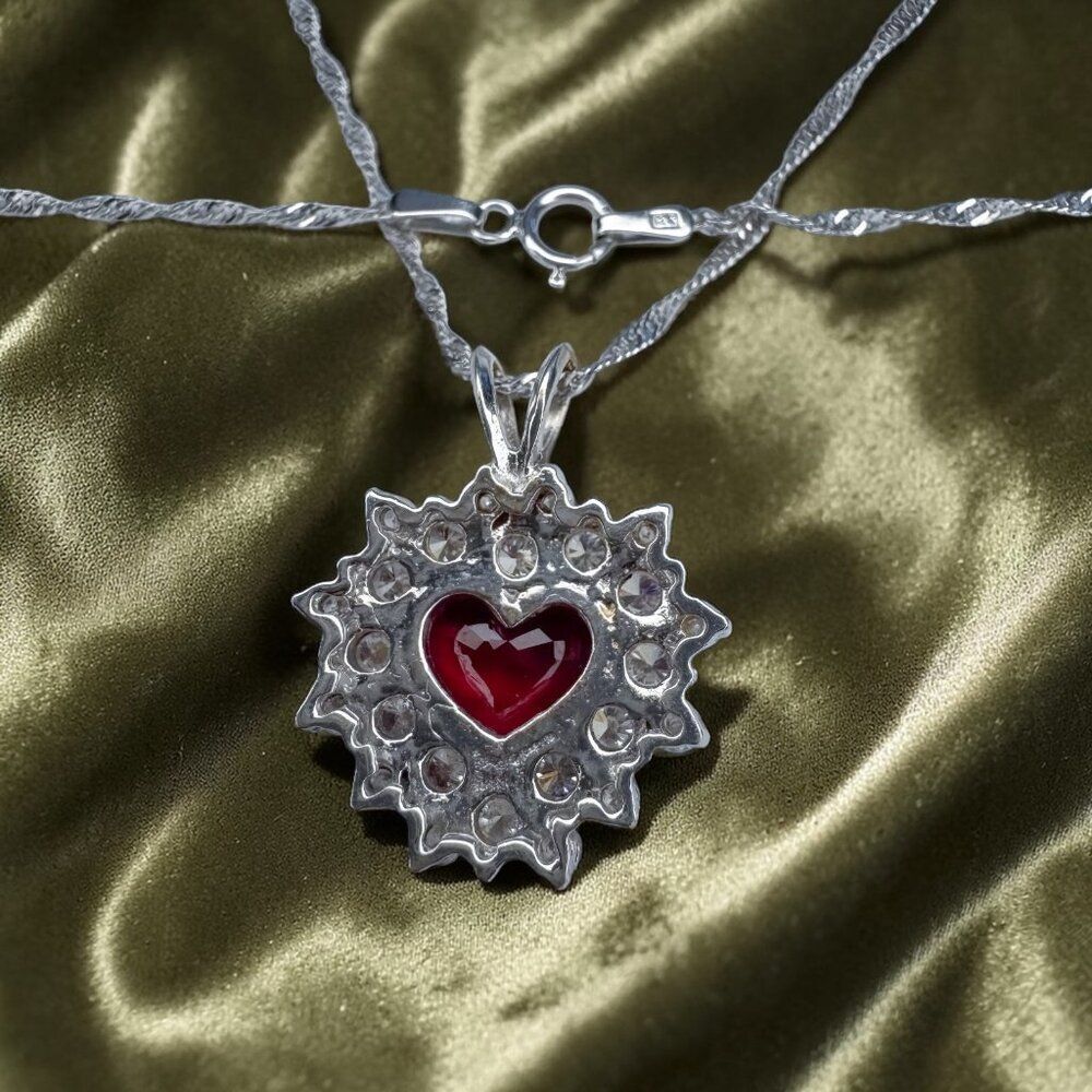 14K White Gold- Natural Ruby & Diamond Necklace -18"- 4.5cttw -Halo Heart -4.9g - Picture 13 of 16